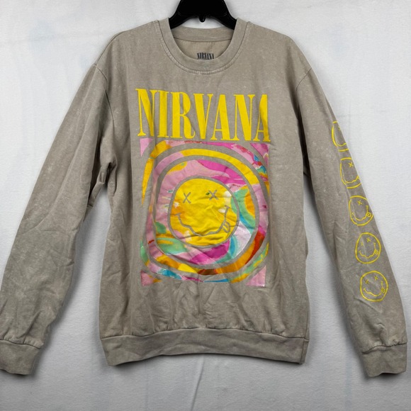 Nirvana Smiley Face Graphic Print Crew Neck Sweatshirt - Music Band Rock - Picture 1 of 6